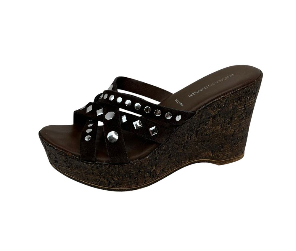 NR Rapisardi Italy Stud Suede Wedge Sandal 38 US 7.5 Brown Gold Sparkle Platform